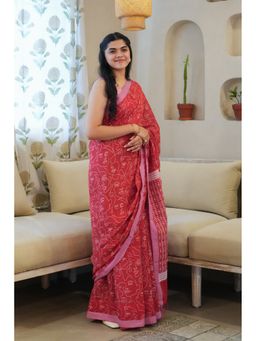 Moora - Red Muse Handwoven Mulmul Cotton Printed Saree with Unstitched Blouse