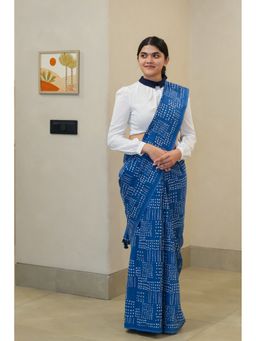 Moora - Murmurs in Blue Printed Mulmul Cotton Saree with Unstitched Blouse