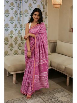 Moora - Blush of Dawn Dabu Block Printed Cotton Saree with Unstitched Blouse
