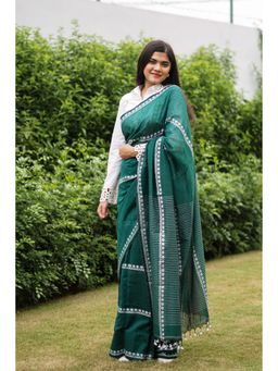 Moora - Teal Tapestry Handwoven mulmul cotton saree with Unstitched Blouse