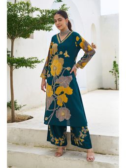 Nehamta - Women Teal Blue German Rayon Kurta and Palazzo