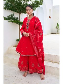 Nehamta - Women Red Modal Muslin A-Line Kurta with Palazzo and Dupatta