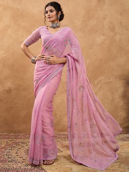 Sareemall - Women Georgette Pink Saree With Unstitched Blouse
