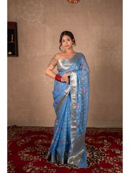The Raksha Store - Rivaa Blue Kota Silk Saree With Unstitched Blouse