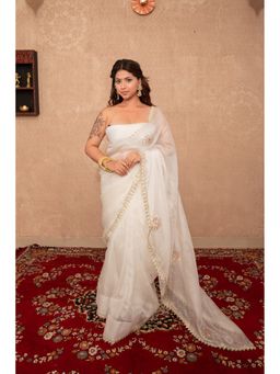 The Raksha Store - Ziya White Buti Work Kota Silks Saree With Unstitched Blouse