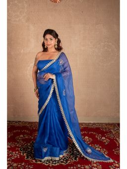 The Raksha Store - Kaya Blue Buti Work Kota Silks Saree With Unstitched Blouse