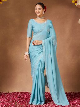 Sareemall - Women Georgette Light Blue Saree With Unstitched Blouse