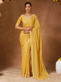 Sareemall - Women Georgette Yellow Saree With Unstitched Blouse