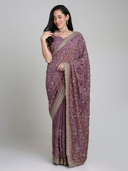 FAZALS - Pink Embroidered Silk Antique Gold Lace Border Saree with Unstitched Blouse