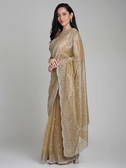 FAZALS - Gold Net Saree with Unstitched Blouse