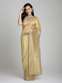 FAZALS - Gold Tissue Swaroskiwork Saree with Unstitched Blouse