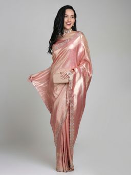 FAZALS - Pink Woven Silk Swaroski work Saree with Unstitched Blouse