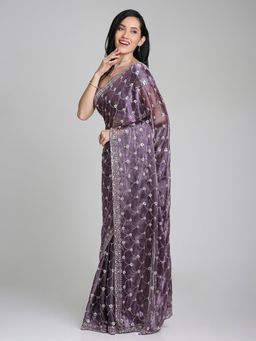 FAZALS - Purple Georgette Cutdanawork Saree with Unstitched Blouse