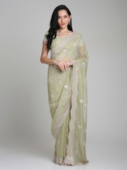 FAZALS - Green Georgette Threadwork Saree with Unstitched Blouse