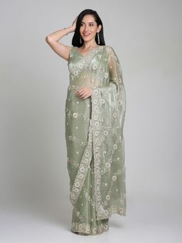 FAZALS - Green Georgette Threadwork Saree with Unstitched Blouse