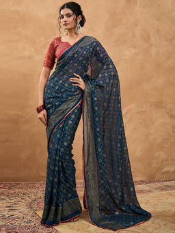 Sareemall - Women Chiffon Teal Blue Saree With Unstitched Blouse