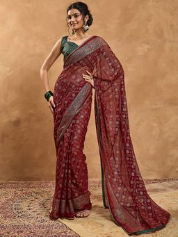 Sareemall - Women Chiffon Maroon Digital Print Designer Saree With Unstitched Blouse