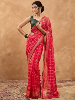 Sareemall - Women Chiffon Red Digital Print Designer Saree With Unstitched Blouse