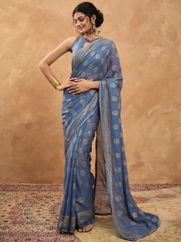 Sareemall - Women Chiffon Blue Digital Print Designer Saree With Unstitched Blouse