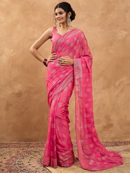 Sareemall - Women Chiffon Pink Digital Print Designer Saree With Unstitched Blouse
