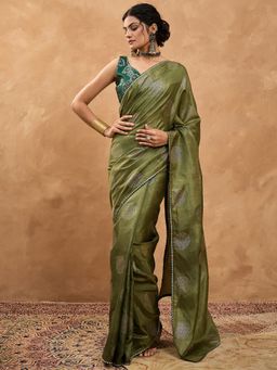 Sareemall - Women Dola Silk Olive Digital Print Saree With Unstitched Blouse