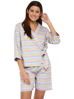 Shopbloom - Colorful Wave Print V-Neck 3-4th Sleeve Women's Night Wrap Top with Boxer - Multi-Color