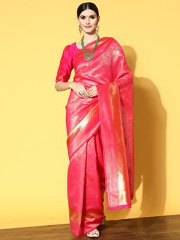 Akhilam - Womens Silk Blend Pink Woven Design Designer Saree with Unstitched Blouse