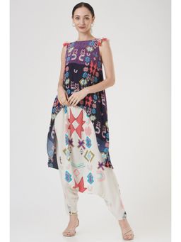 PS Pret by Payal Singhal - Purple Printed Tunic with White Printed Low Crotch Pants (Set of 2)