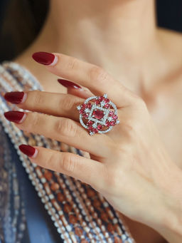 Azai by Nykaa Fashion - Regal Pink & Silver Cocktail AD Ring