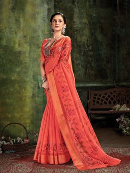 EXCLUSIVA - Peach Cotton Saree with Unstitched Blouse