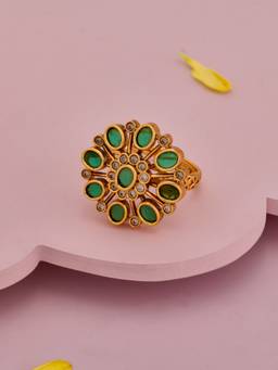 Kushals Fashion Jewellery - Antique Gold Plated Green Synthetic Stones Ring (Adjustable)