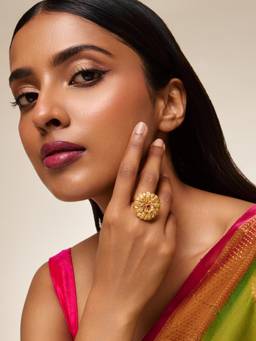 Kushals Fashion Jewellery - Antique Gold Plated Ruby Synthetic Stones Ring (Adjustable)