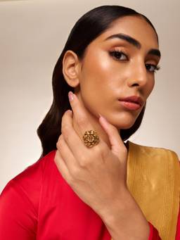 Kushals Fashion Jewellery - Antique Gold Plated Ruby Synthetic Stones Ring (Adjustable)