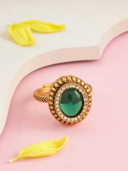 Kushals Fashion Jewellery - Antique Gold Plated Green Synthetic Stones Ring (Adjustable)