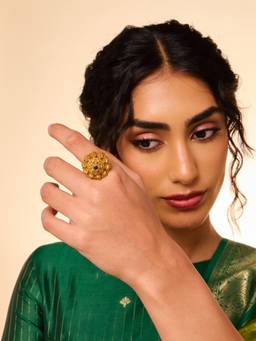 Kushals Fashion Jewellery - Antique Gold Plated Green Synthetic Stones Ring (Adjustable)