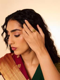 Kushals Fashion Jewellery - Antique Gold Plated Green Synthetic Stones Ring (Adjustable)