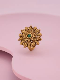 Kushals Fashion Jewellery - Antique Gold Plated Green Synthetic Stones Ring (Adjustable)