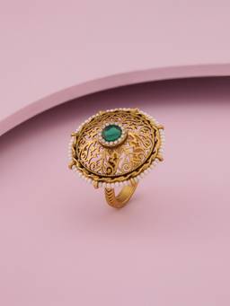 Kushals Fashion Jewellery - Antique Gold Plated Green Synthetic Stones Ring (Adjustable)