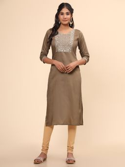 Vbuyz - Women's Embroidered Straight Chanderi Brown Stitched Kurta(vf-ku-1959)