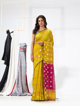Angoshobha - Yellow Cotton Blended Festive Handloom Saree with Unstitched Blouse