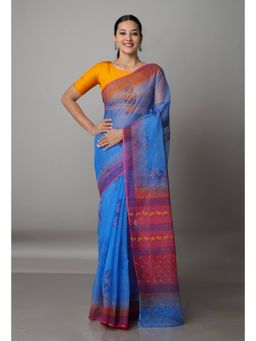 Unnati Silks - Blue Pure Block Printed Kota Cotton Saree with Unstitched Blouse