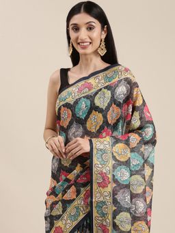 Vastranand - Grey Block Kalamkari Print Sequence Weaving Party Wear Saree with Unstitched Blouse