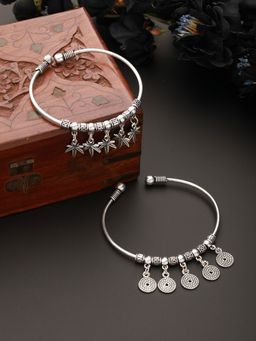 Aatmana - Set Of 2 Silver Toned Silver Plated Oxidised Tribal Circular & Star Charm Bracelet