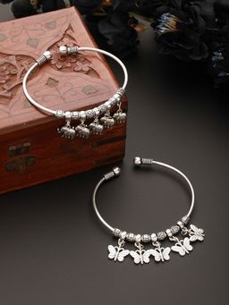 Aatmana - Set Of 2 Silver Toned Silver Plated Oxidised Butterfly & Elephant Charm Bracelet