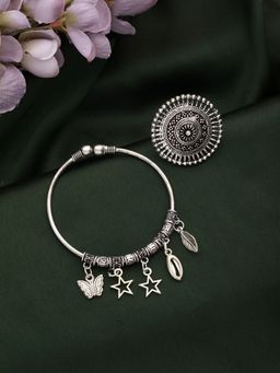 Aatmana - Set Of 2 Oxidised German Silver Plated Charm Bracelet & Ring