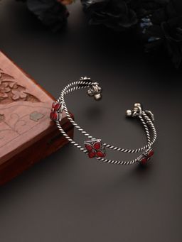 Aatmana - Silver Plated Red Stone Studded Oxidised Handcrafted Cuff Style Bracelet