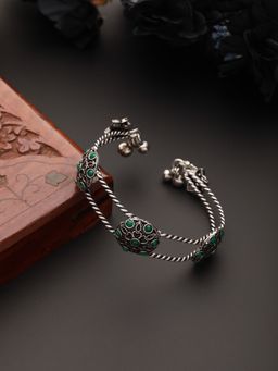 Aatmana - Silver Plated Green Stone Studded Oxidised Handcrafted Cuff Style Bracelet