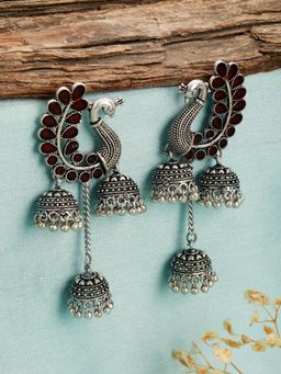 Aatmana - Silver Plated Maroon Stone Studded Handcrafted Peacock Shaped Jhumkas Earrings
