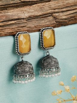 Aatmana - Silver Plated Yellow Stone Studded & Beaded Contemporary Jhumkas Earrings