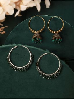 Aatmana - Set Of 2 Gold Plated & Green Pear Beaded Circular Shapes Hoop Earrings
